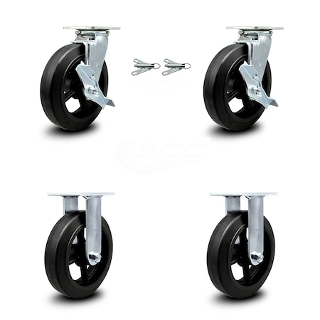 Service Caster 8 Inch Rubber on Steel Caster Set with 2 Brakes/Swivel Lock 2 Rigid SCC SCC-30CS820-RSR-TLB-BSL-2-R-2